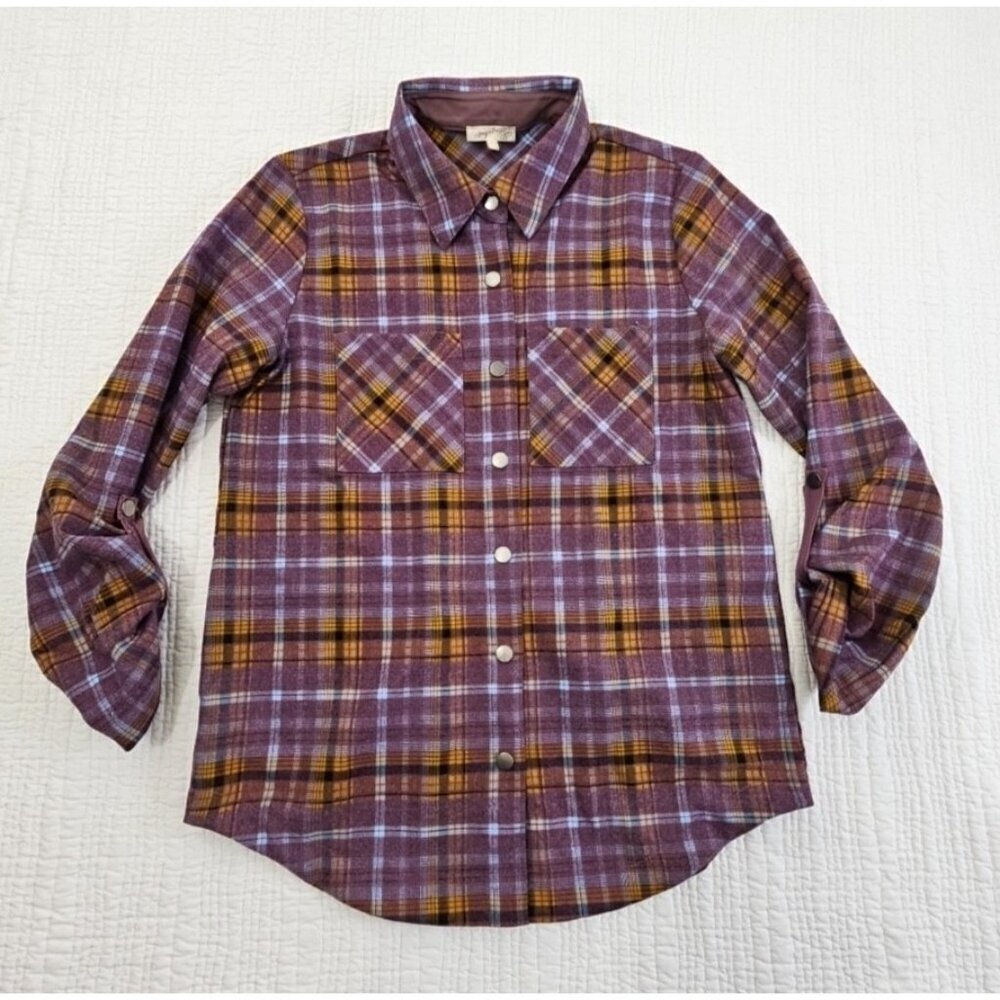 Mystree Shacket Women's Small Purple‎ Brown Long Sleeve Snaps EUC LN Heavy Task